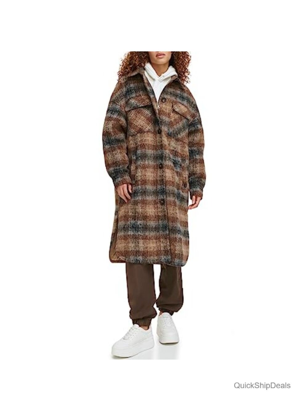 Wool Blend Plaid Long Shacket with Sherpa Quilted Lining